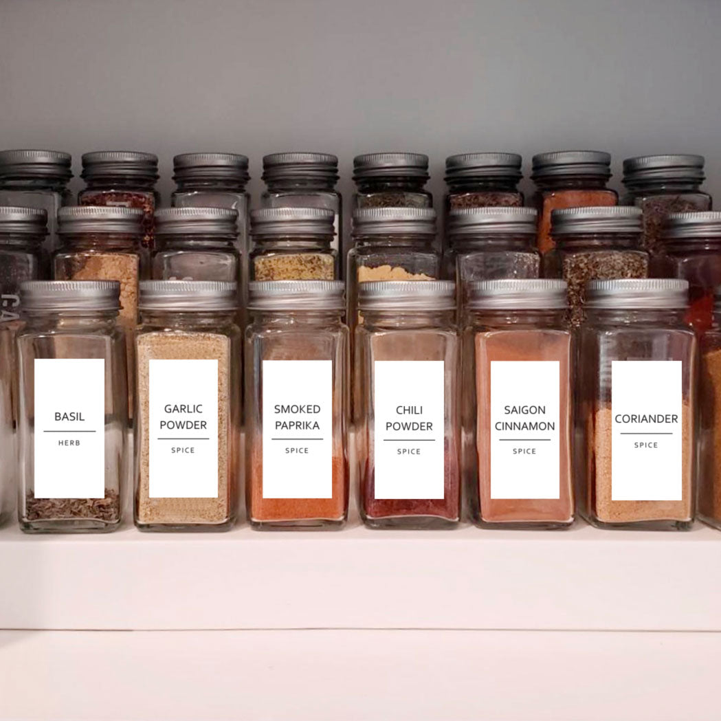 Talented Kitchen 14 Large Glass Spice Jars w/2 Types of Preprinted Spice LABELS.