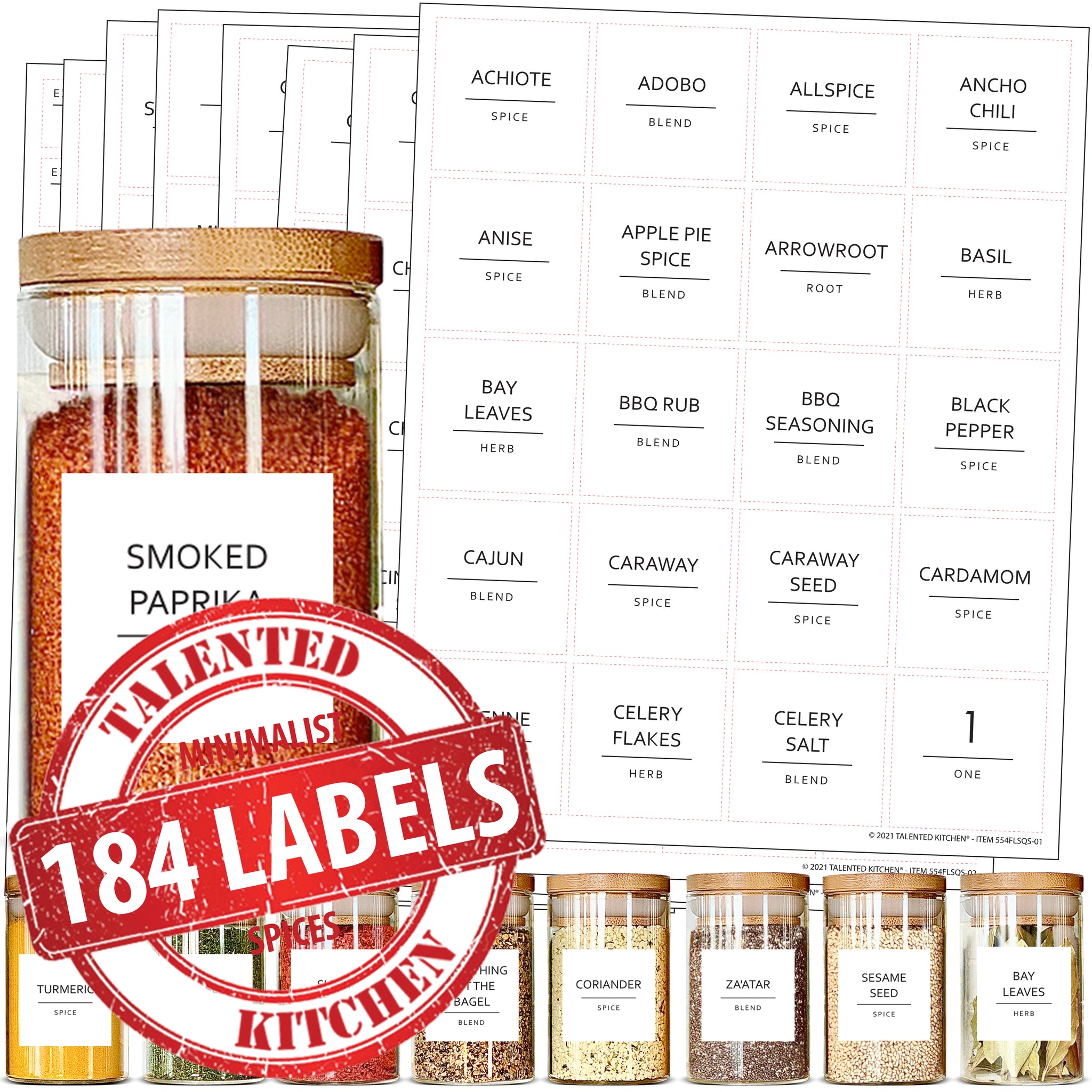 Talented Kitchen 140 Spice Labels Stickers, Preprinted White