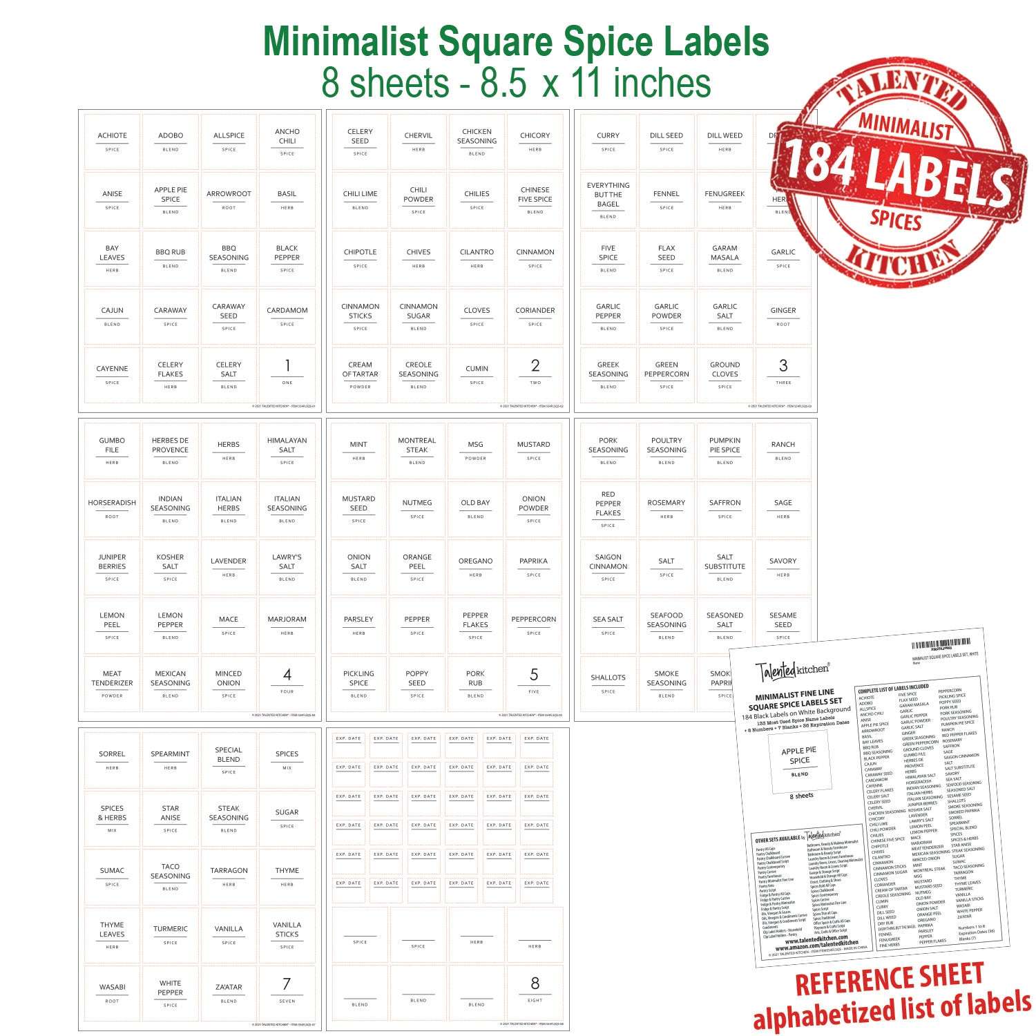 Minimalist Square Spice Labels, 184 Labels – Talented Kitchen