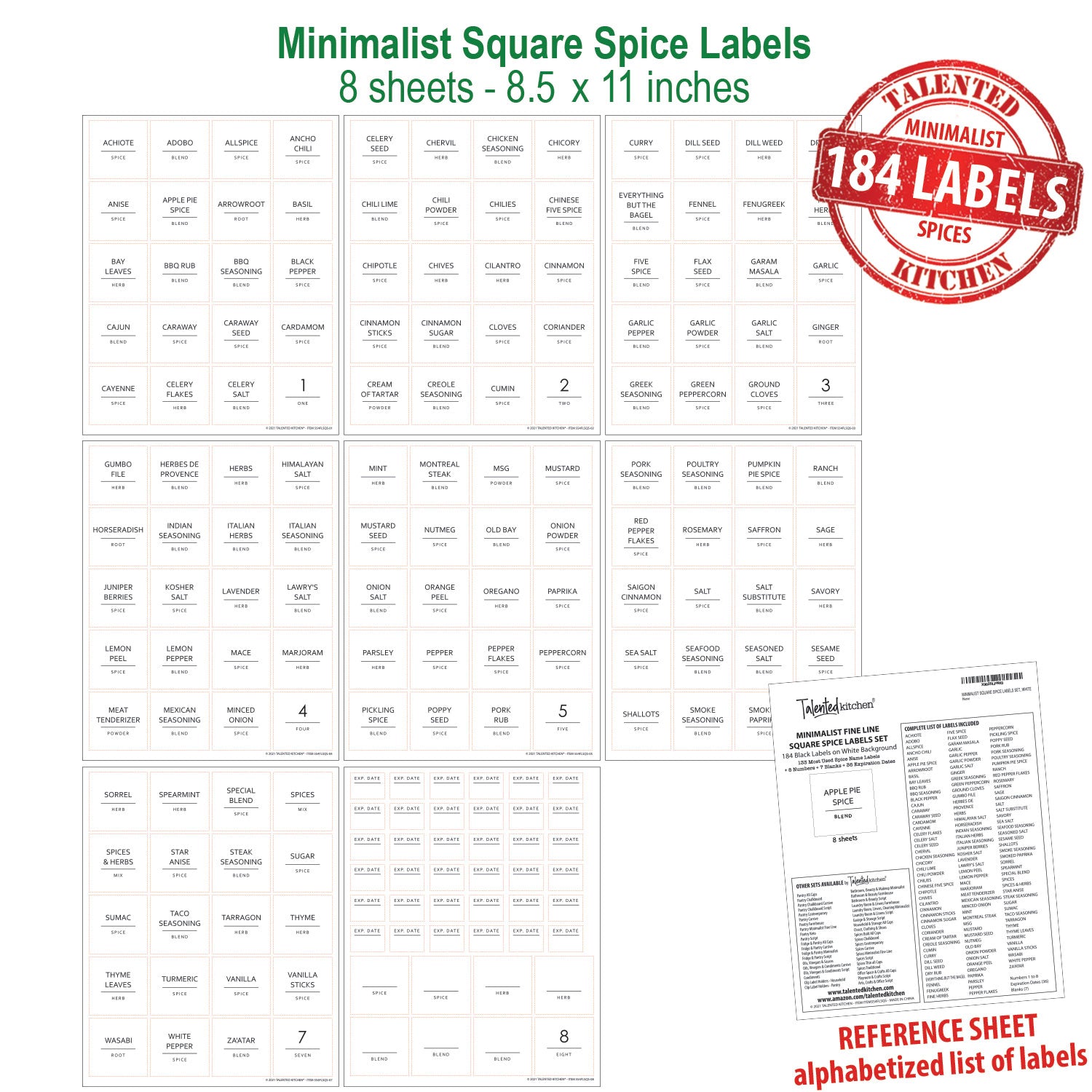 Talented Kitchen 184 Spice Labels Stickers, Preprinted White Spice