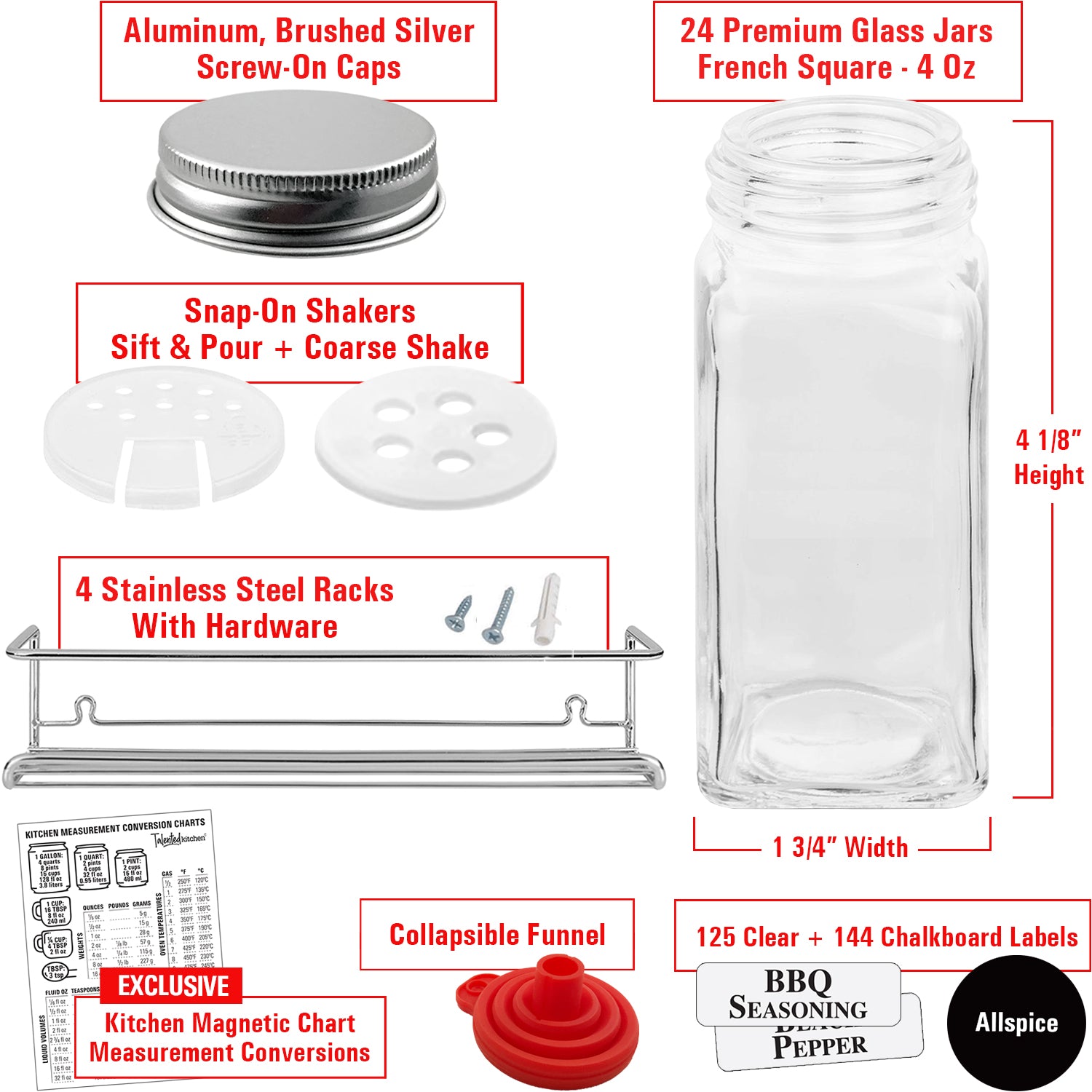 Talented Kitchen 24 Glass 6 oz Spice Jars with Lids and Labels, Large Glass  Spice Jars with Shaker Lids, Sift/Pour, Course Shakers, Clear and  Chalkboard Style Stickers