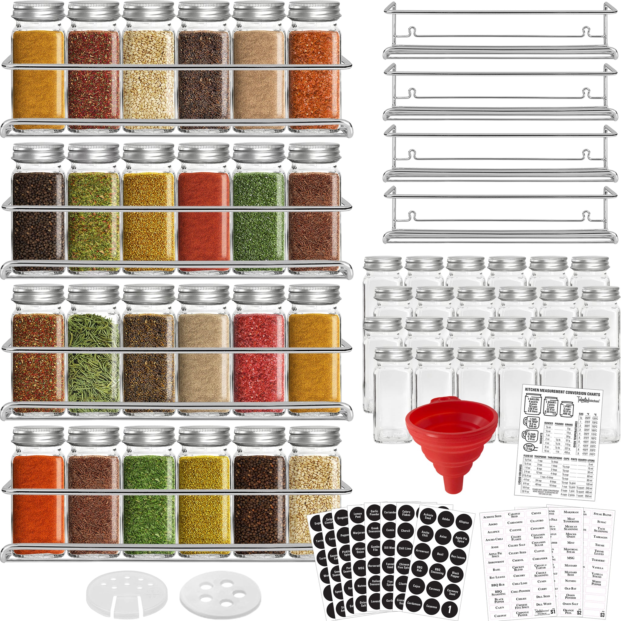 Talented Kitchen 14 Pcs Large 6 oz Glass Spice Jars with Labels and Shakers  Lids, Empty Seasoning Containers with Funnel, Magnetic Conversion Chart,  269 Preprinted Stickers in 2 Styles