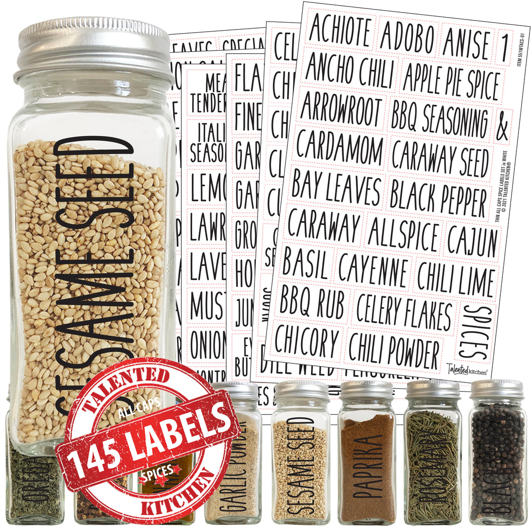 Thin All Caps Spice Labels, 145 Black Labels