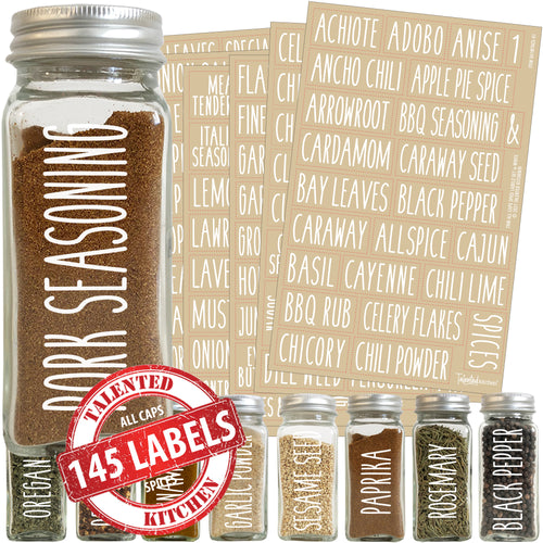 Thin All Caps Spice Labels, 145 White Labels