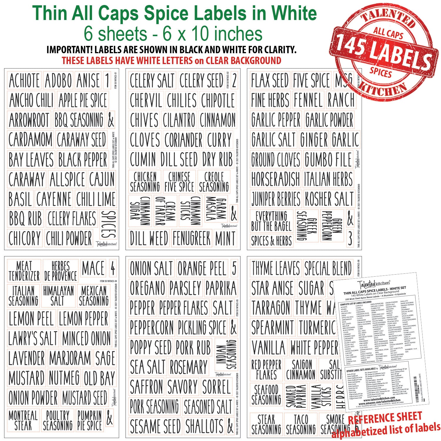 113 Alphabetized Spice Label System: 96 Spice Names + 17 Blank Labels by Talented Kitchen. Clear PVC Sticker and Black Lettering. Preprinted Spice