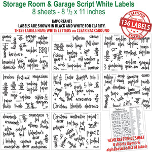 Now in White! Storage & Garage Label Set, 136 White Script Labels