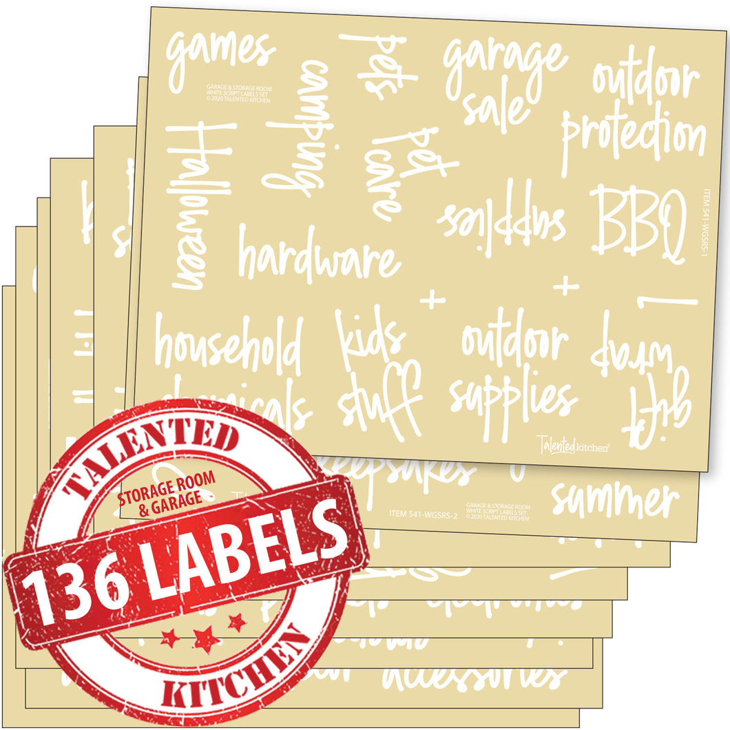 Now in White! Storage & Garage Label Set, 136 White Script Labels