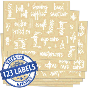 Script Bathroom Label Set, 123 White Labels