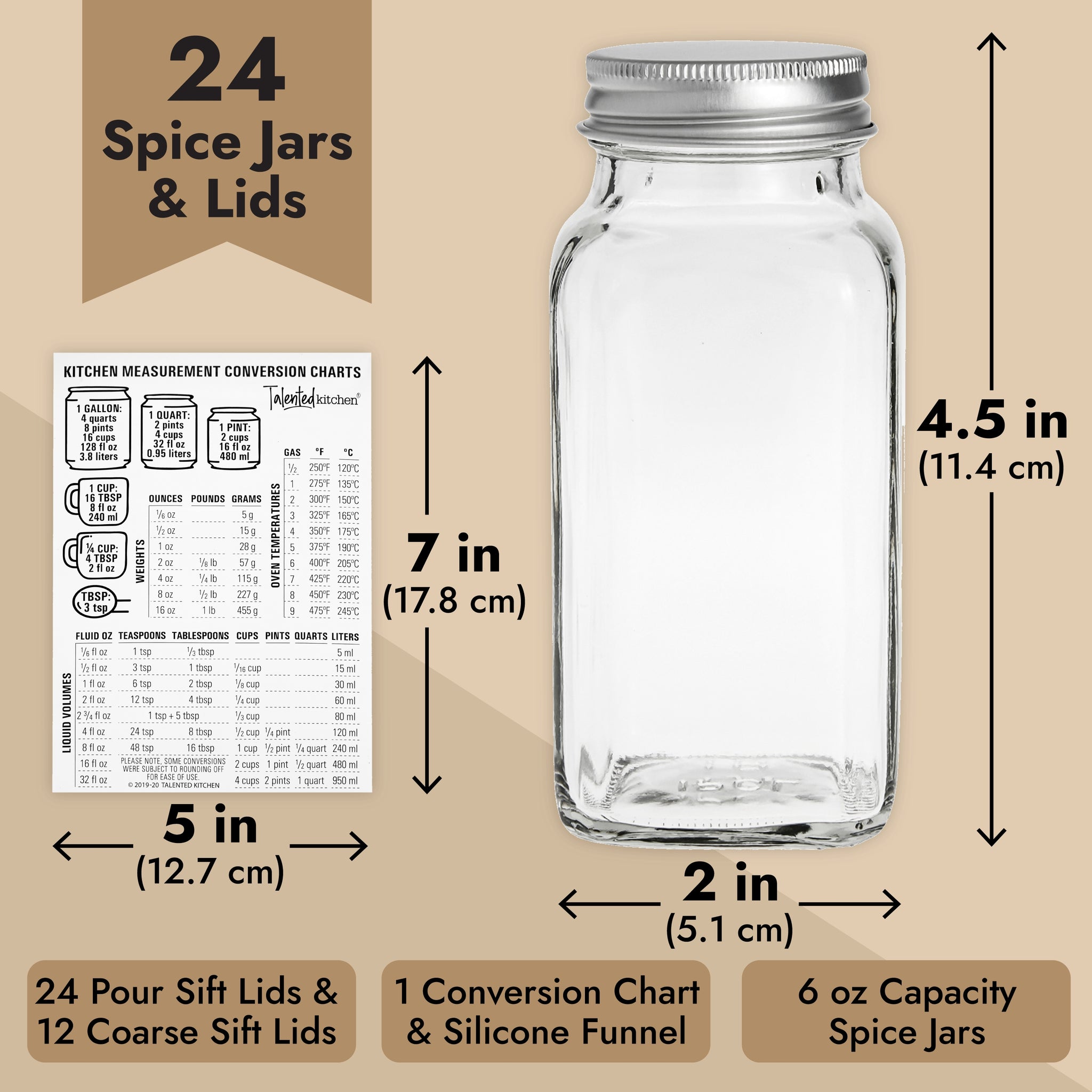 Talented Kitchen 24 Pack Glass Spice Jars with Shaker Lids 6oz, 328 Preprinted Labels, Gold Caps