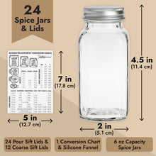 Load image into Gallery viewer, Talented Kitchen 24 Glass 6 oz Spice Jars with Lids and Labels, Large Glass Spice Jars with Shaker Lids, Sift/Pour, Course Shakers, Clear and Chalkboard Style Stickers