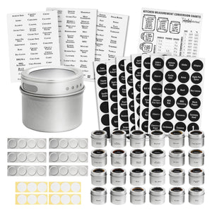 Talented Kitchen 24 Magnetic Spice Jars with Sift-and-Pour Lids for Refrigerator with 6 Metal Plate Bases and 269 Preprinted Seasoning Labels in 2 Styles for 3 oz Herb Containers