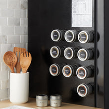 Load image into Gallery viewer, Talented Kitchen 12 Magnetic Spice Jars for Refrigerator with 3 Metal Wall Bases, 269 Preprinted Seasoning Labels, 2 Styles, 1 Cooking Conversion Chart, for 3 oz Containers