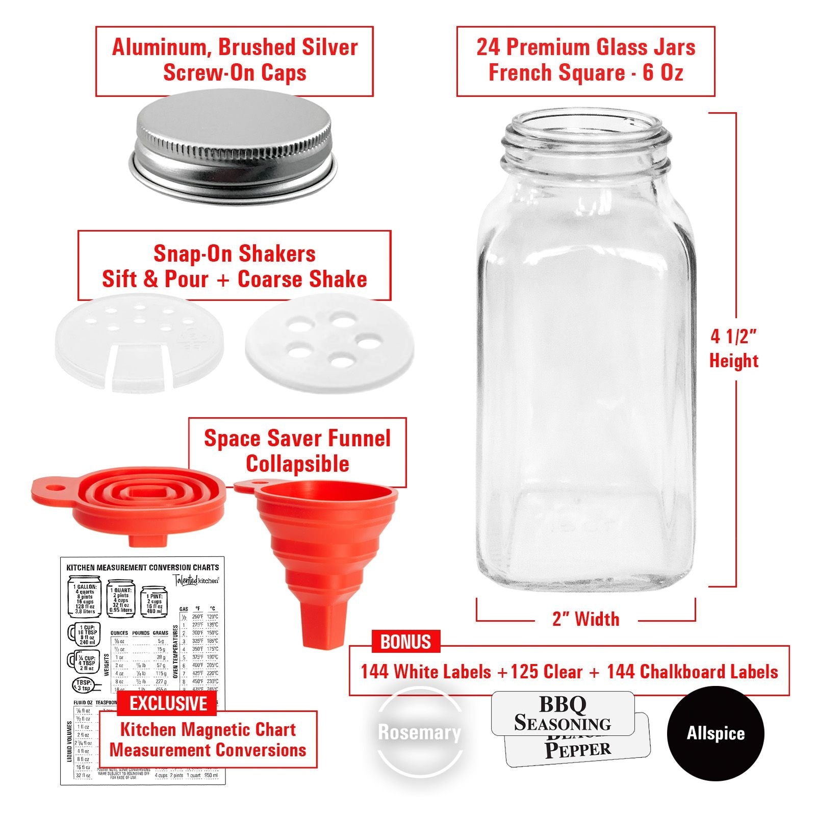 Talented Kitchen 14 Pcs Large 6 oz Glass Spice Jars with Labels and Shakers  Lids, Empty Seasoning Containers with Funnel, Magnetic Conversion Chart,  269 Preprinted Stickers in 2 Styles 