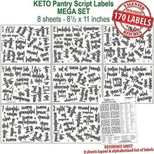 Load image into Gallery viewer, Talented Kitchen 170 Keto Kitchen Pantry Labels for Food Storage Containers, Removable Black Script on Clear Stickers for Organizing Ingredients (Water Resistant)