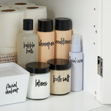 Load image into Gallery viewer, Talented Kitchen 192 Preprinted Bathroom Labels for Containers - Black Script Stickers for Organizer Bins, Bath, Beauty Canisters, and Makeup Storage Organization (Water Resistant)
