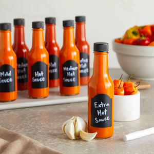 Talented Kitchen 14-Pack Glass Hot Sauce Bottles with Caps, Glass Sauce Bottles with Shrink Wrap Capsule and Funnel, with 18 Chalkboard Labels, 14 Dripper Inserts, Dishwasher-Safe (5 oz)