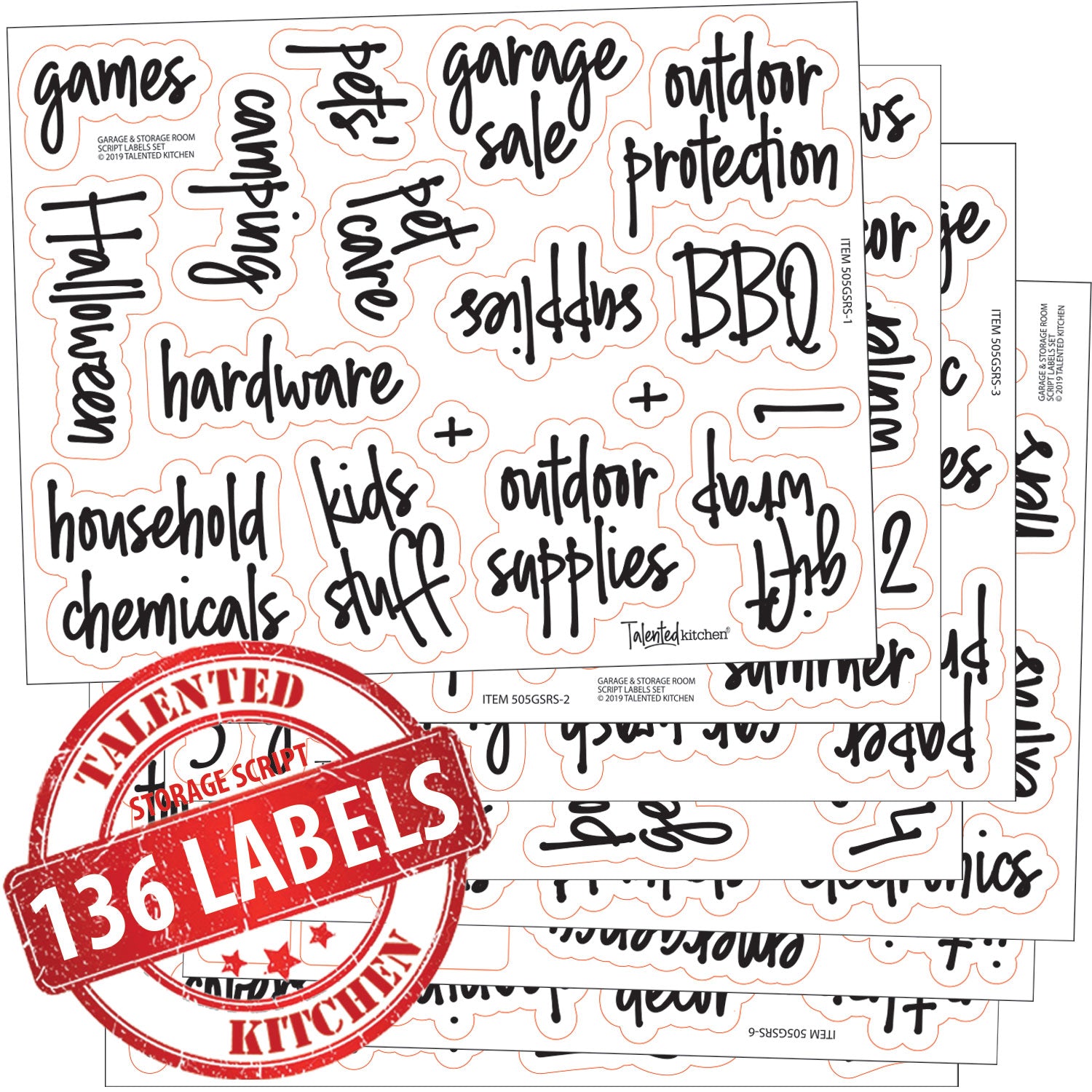Talented Kitchen 136 Garage Storage Labels for Plastic Containers, Preprinted Black Script on Clear Stickers for Organizing Bins