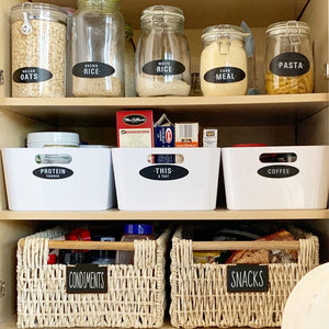 8 Black Clip Label Holders w/40 Pantry Labels for Bins Baskets or Boxes (BLACK CLIPS / WHITE LABELS)